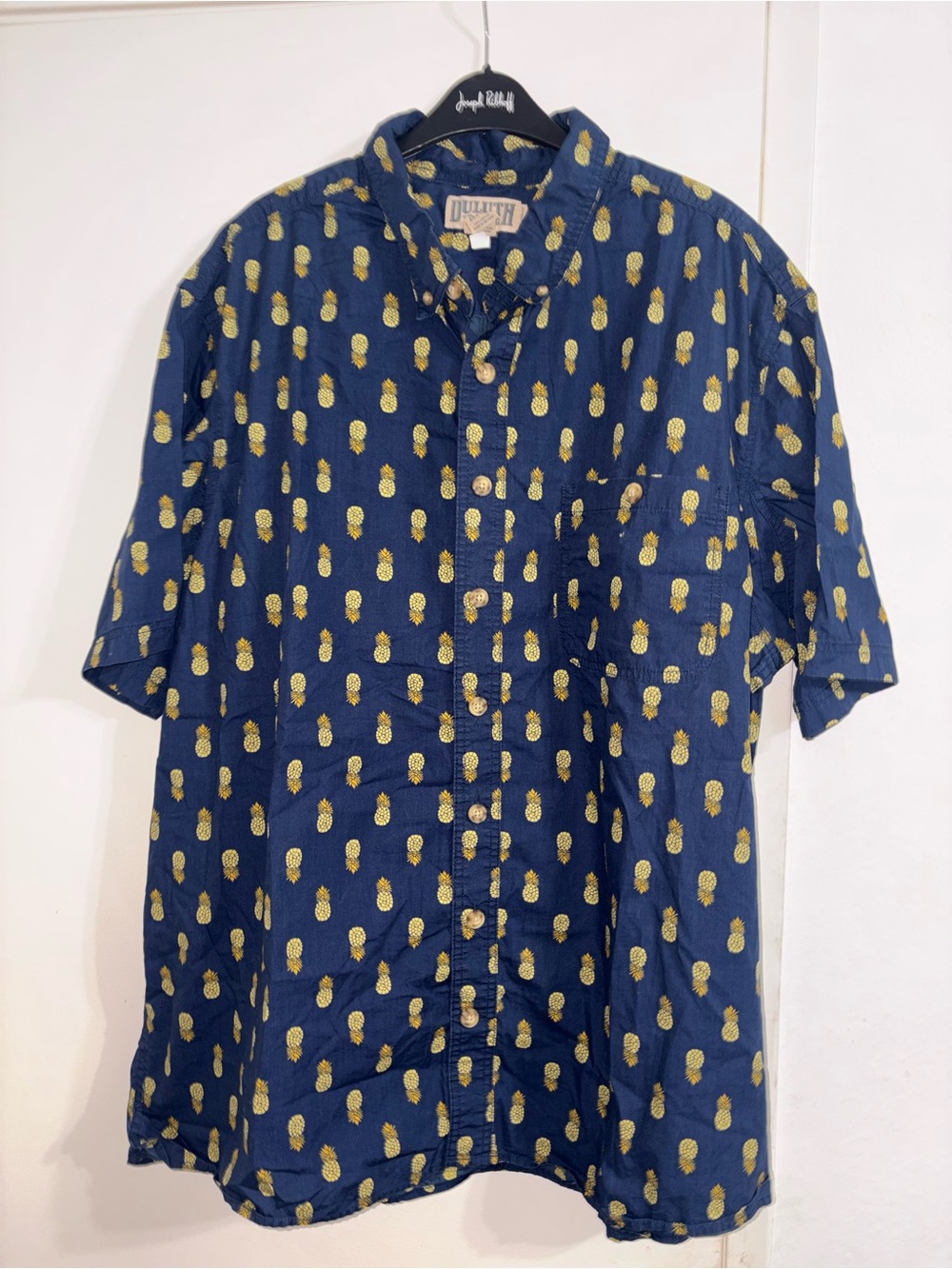 Duluth Trading Co Navy Short-Sleeve Button-Down with Yellow Pineapple Print